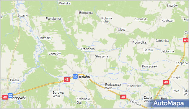 mapa Głuszyna gmina Klwów, Głuszyna gmina Klwów na mapie Targeo