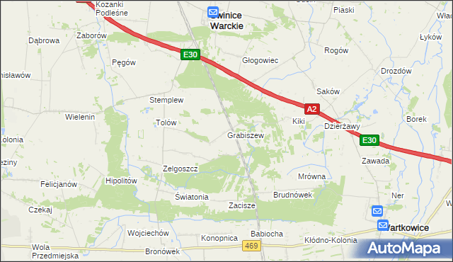 mapa Grabiszew gmina Wartkowice, Grabiszew gmina Wartkowice na mapie Targeo