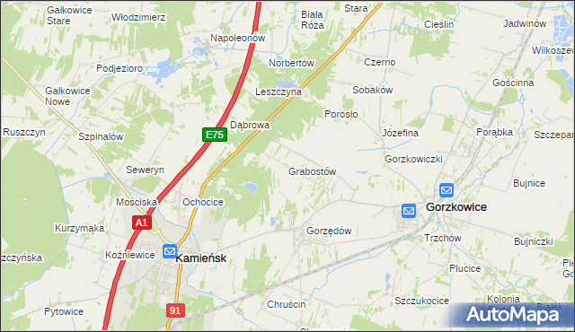 mapa Grabostów gmina Gorzkowice, Grabostów gmina Gorzkowice na mapie Targeo