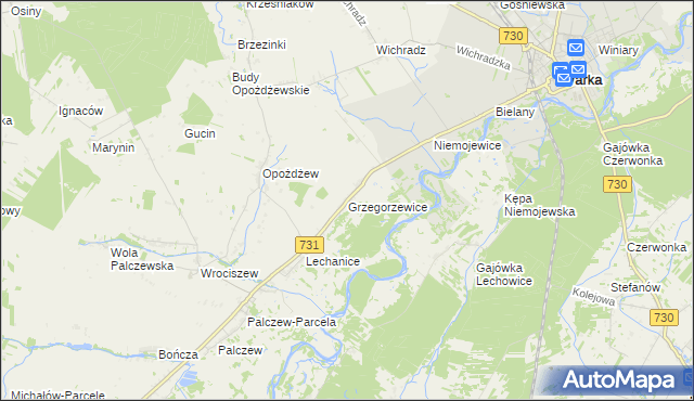 mapa Grzegorzewice gmina Warka, Grzegorzewice gmina Warka na mapie Targeo