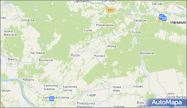 mapa Hucisko gmina Harasiuki, Hucisko gmina Harasiuki na mapie Targeo