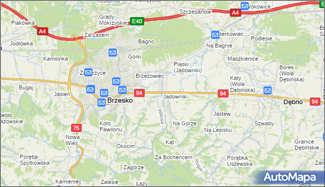 mapa Jadowniki gmina Brzesko, Jadowniki gmina Brzesko na mapie Targeo