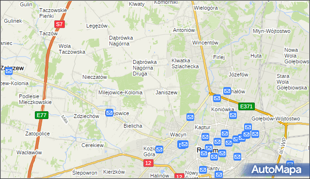 mapa Janiszew gmina Zakrzew, Janiszew gmina Zakrzew na mapie Targeo