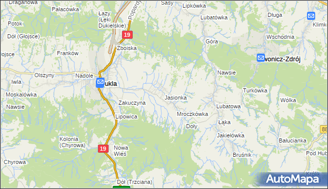 mapa Jasionka gmina Dukla, Jasionka gmina Dukla na mapie Targeo