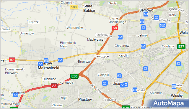 mapa Jawczyce gmina Ożarów Mazowiecki, Jawczyce gmina Ożarów Mazowiecki na mapie Targeo
