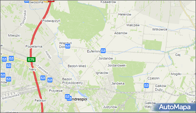 mapa Jordanów gmina Brzeziny, Jordanów gmina Brzeziny na mapie Targeo