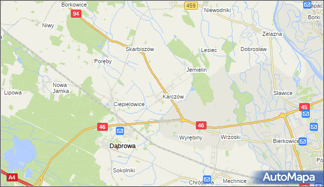 mapa Karczów gmina Dąbrowa, Karczów gmina Dąbrowa na mapie Targeo