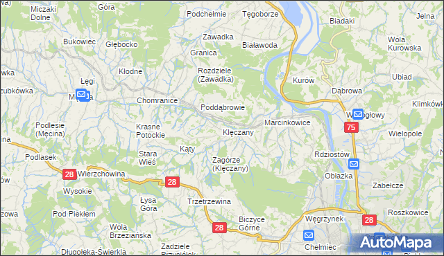 mapa Klęczany gmina Chełmiec, Klęczany gmina Chełmiec na mapie Targeo