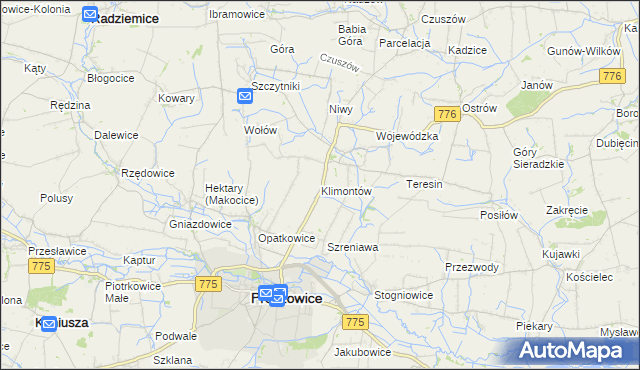 mapa Klimontów gmina Proszowice, Klimontów gmina Proszowice na mapie Targeo