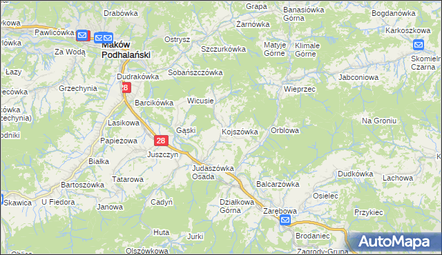 mapa Kojszówka, Kojszówka na mapie Targeo