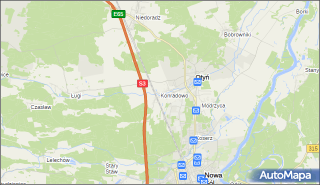 mapa Konradowo gmina Otyń, Konradowo gmina Otyń na mapie Targeo