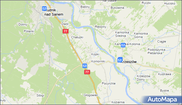 mapa Kopki gmina Rudnik nad Sanem, Kopki gmina Rudnik nad Sanem na mapie Targeo