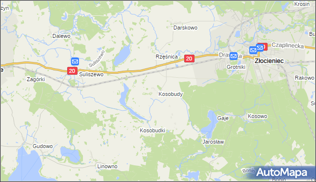 mapa Kosobudy gmina Złocieniec, Kosobudy gmina Złocieniec na mapie Targeo