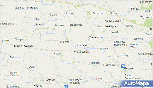 mapa Koszajec gmina Rybno, Koszajec gmina Rybno na mapie Targeo