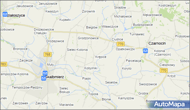 mapa Krępice gmina Skalbmierz, Krępice gmina Skalbmierz na mapie Targeo