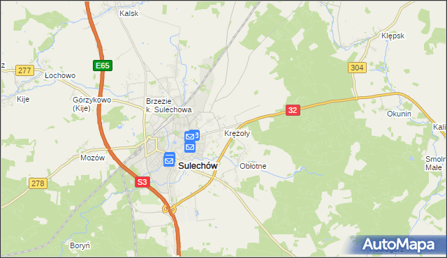 mapa Krężoły gmina Sulechów, Krężoły gmina Sulechów na mapie Targeo