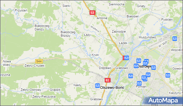 mapa Kruki gmina Olszewo-Borki, Kruki gmina Olszewo-Borki na mapie Targeo