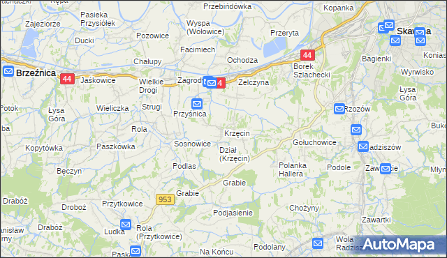 mapa Krzęcin gmina Skawina, Krzęcin gmina Skawina na mapie Targeo