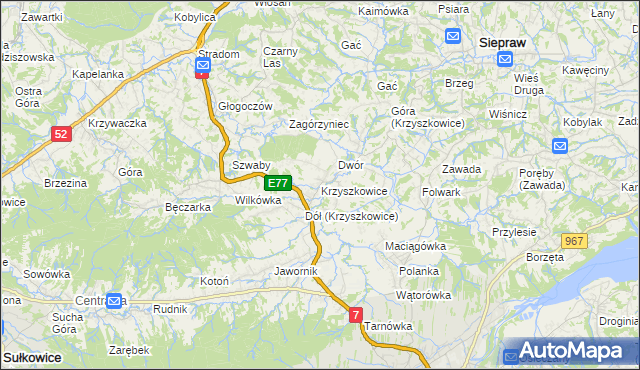 mapa Krzyszkowice gmina Myślenice, Krzyszkowice gmina Myślenice na mapie Targeo