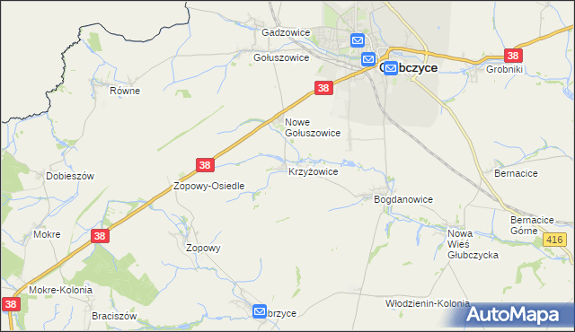 mapa Krzyżowice gmina Głubczyce, Krzyżowice gmina Głubczyce na mapie Targeo