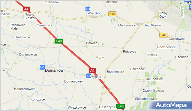 mapa Kuny gmina Domaniów, Kuny gmina Domaniów na mapie Targeo