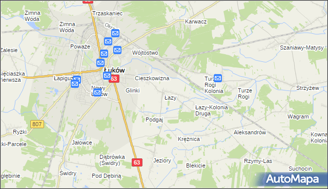 mapa Łazy gmina Łuków, Łazy gmina Łuków na mapie Targeo