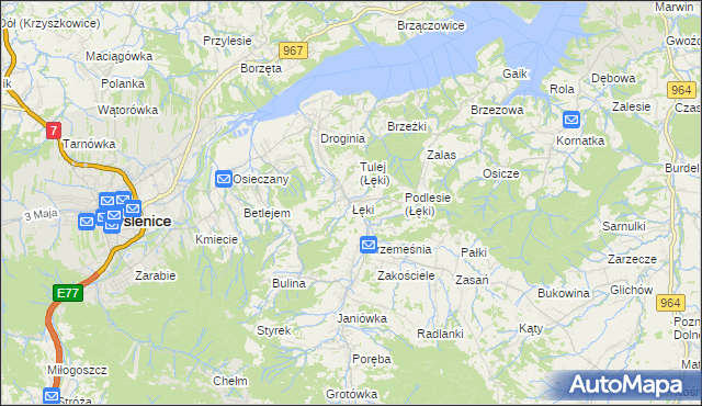 mapa Łęki gmina Myślenice, Łęki gmina Myślenice na mapie Targeo
