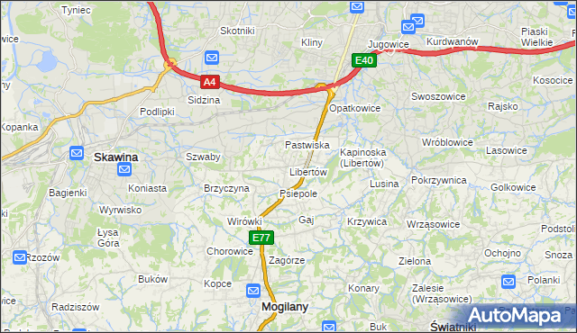 mapa Libertów gmina Mogilany, Libertów gmina Mogilany na mapie Targeo