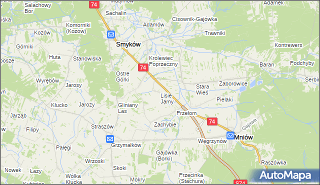 mapa Lisie Jamy gmina Mniów, Lisie Jamy gmina Mniów na mapie Targeo
