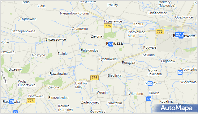 mapa Łyszkowice gmina Koniusza, Łyszkowice gmina Koniusza na mapie Targeo
