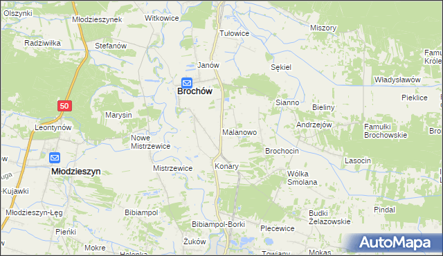 mapa Malanowo gmina Brochów, Malanowo gmina Brochów na mapie Targeo