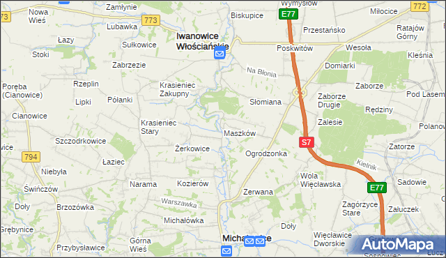 mapa Maszków gmina Iwanowice, Maszków gmina Iwanowice na mapie Targeo