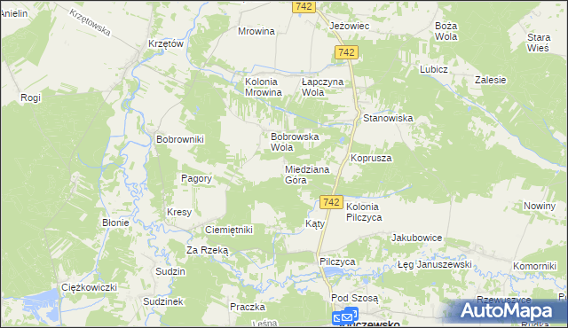 mapa Miedziana Góra gmina Kluczewsko, Miedziana Góra gmina Kluczewsko na mapie Targeo