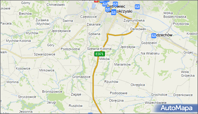mapa Miłków gmina Bodzechów, Miłków gmina Bodzechów na mapie Targeo