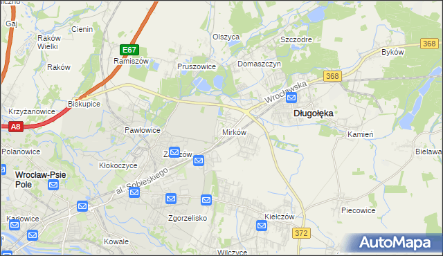 mapa Mirków gmina Długołęka, Mirków gmina Długołęka na mapie Targeo