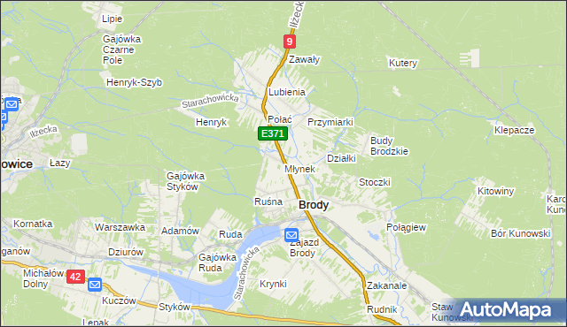mapa Młynek gmina Brody, Młynek gmina Brody na mapie Targeo