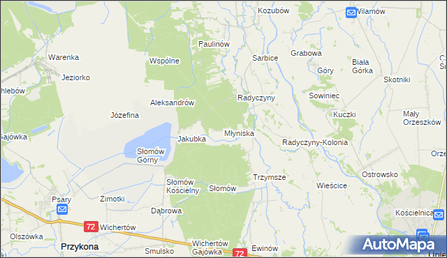 mapa Młyniska gmina Przykona, Młyniska gmina Przykona na mapie Targeo