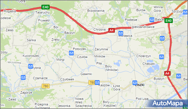 mapa Mników gmina Liszki, Mników gmina Liszki na mapie Targeo