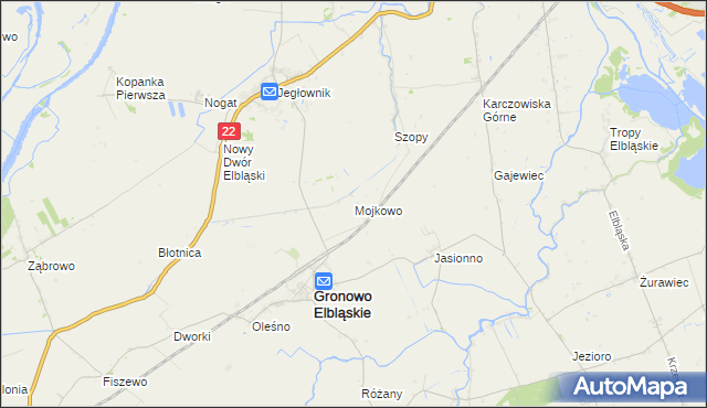 mapa Mojkowo gmina Gronowo Elbląskie, Mojkowo gmina Gronowo Elbląskie na mapie Targeo