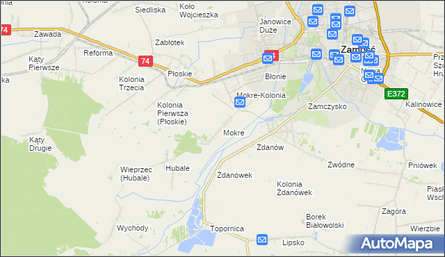 mapa Mokre gmina Zamość, Mokre gmina Zamość na mapie Targeo