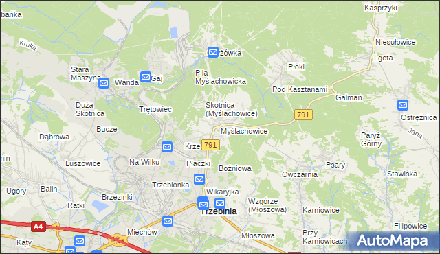 mapa Myślachowice, Myślachowice na mapie Targeo