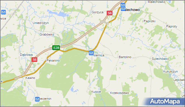 mapa Niemica gmina Malechowo, Niemica gmina Malechowo na mapie Targeo