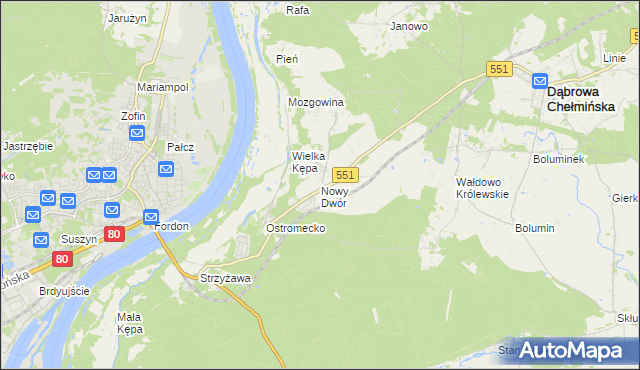 mapa Nowy Dwór gmina Dąbrowa Chełmińska, Nowy Dwór gmina Dąbrowa Chełmińska na mapie Targeo