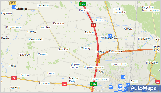 mapa Olendry gmina Grabica, Olendry gmina Grabica na mapie Targeo