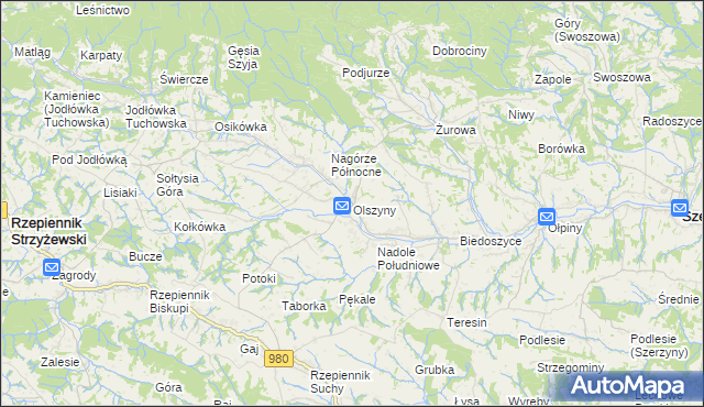 mapa Olszyny gmina Rzepiennik Strzyżewski, Olszyny gmina Rzepiennik Strzyżewski na mapie Targeo