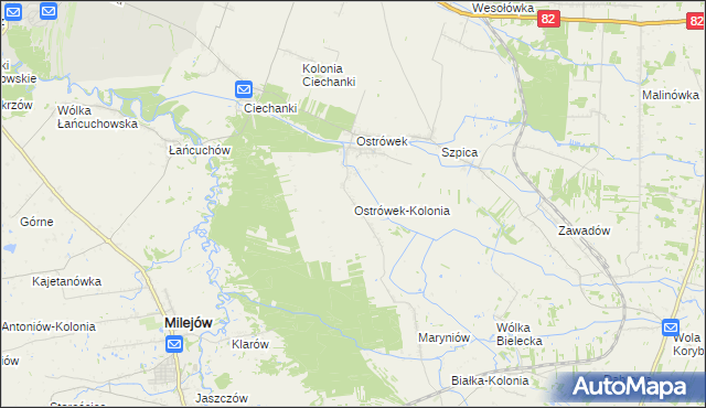 mapa Ostrówek-Kolonia gmina Milejów, Ostrówek-Kolonia gmina Milejów na mapie Targeo