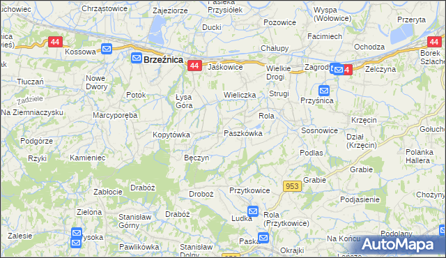 mapa Paszkówka gmina Brzeźnica, Paszkówka gmina Brzeźnica na mapie Targeo