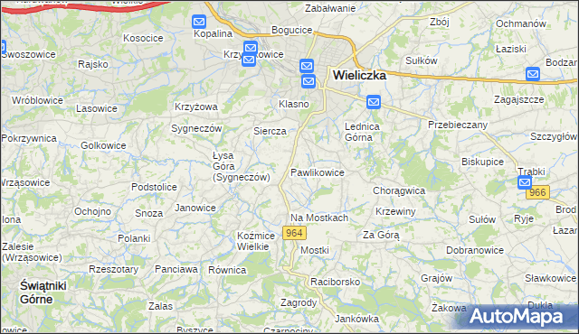 mapa Pawlikowice gmina Wieliczka, Pawlikowice gmina Wieliczka na mapie Targeo