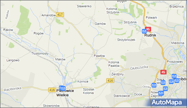 mapa Pawłów gmina Pietrowice Wielkie, Pawłów gmina Pietrowice Wielkie na mapie Targeo