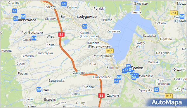 mapa Pietrzykowice gmina Łodygowice, Pietrzykowice gmina Łodygowice na mapie Targeo